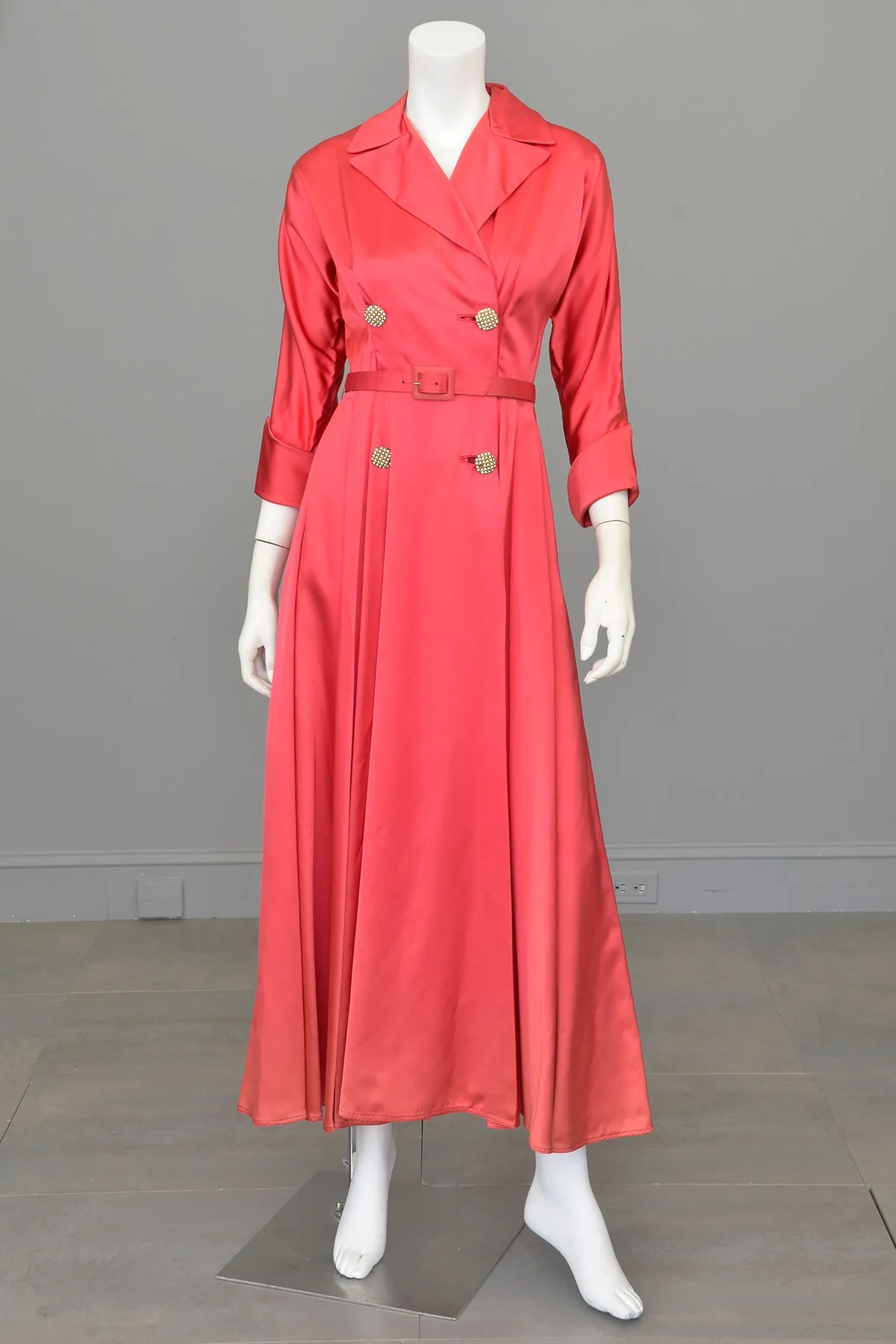 1940s Raspberry Pink Satin Wrap Front Dress House Coat