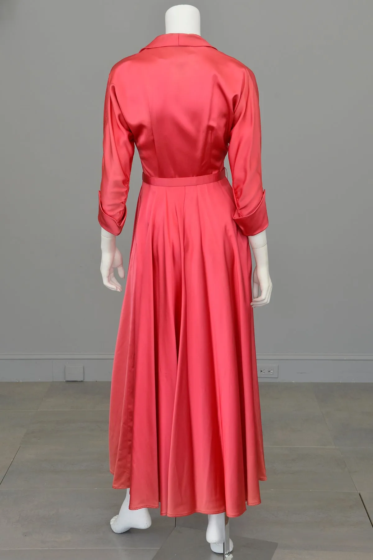 1940s Raspberry Pink Satin Wrap Front Dress House Coat