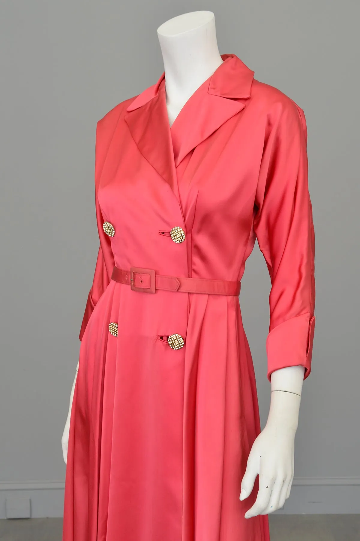 1940s Raspberry Pink Satin Wrap Front Dress House Coat