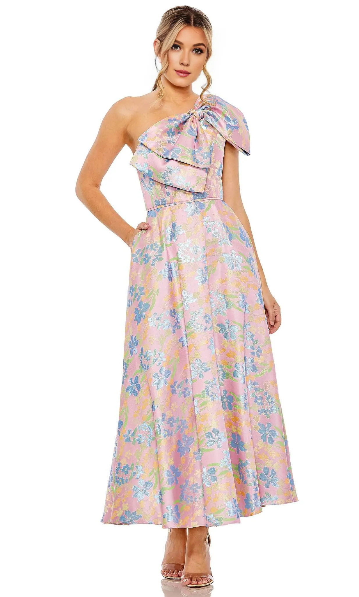 A-Line Tea length Floral Printed One Shoulder Dress Cocktail Dresses