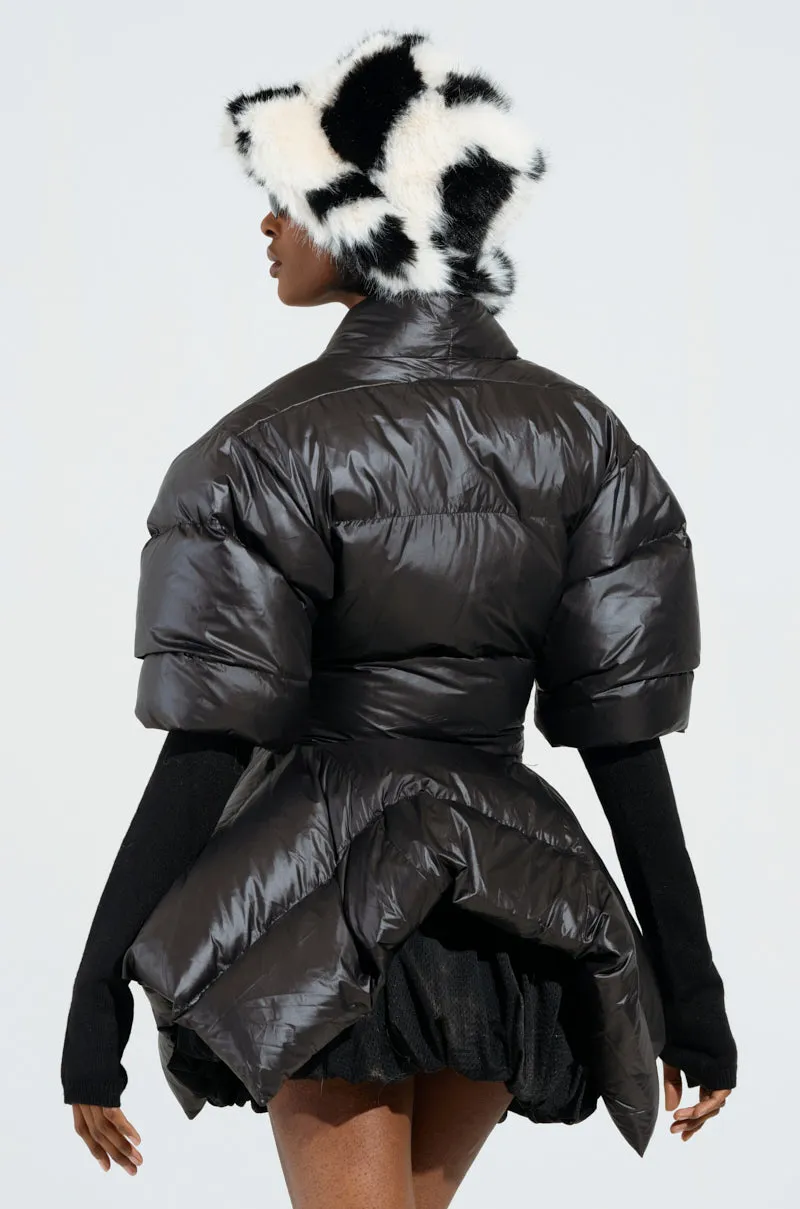 A STEP AHEAD LONG RIBBED SLEEVE PEPLUM PUFFER COAT