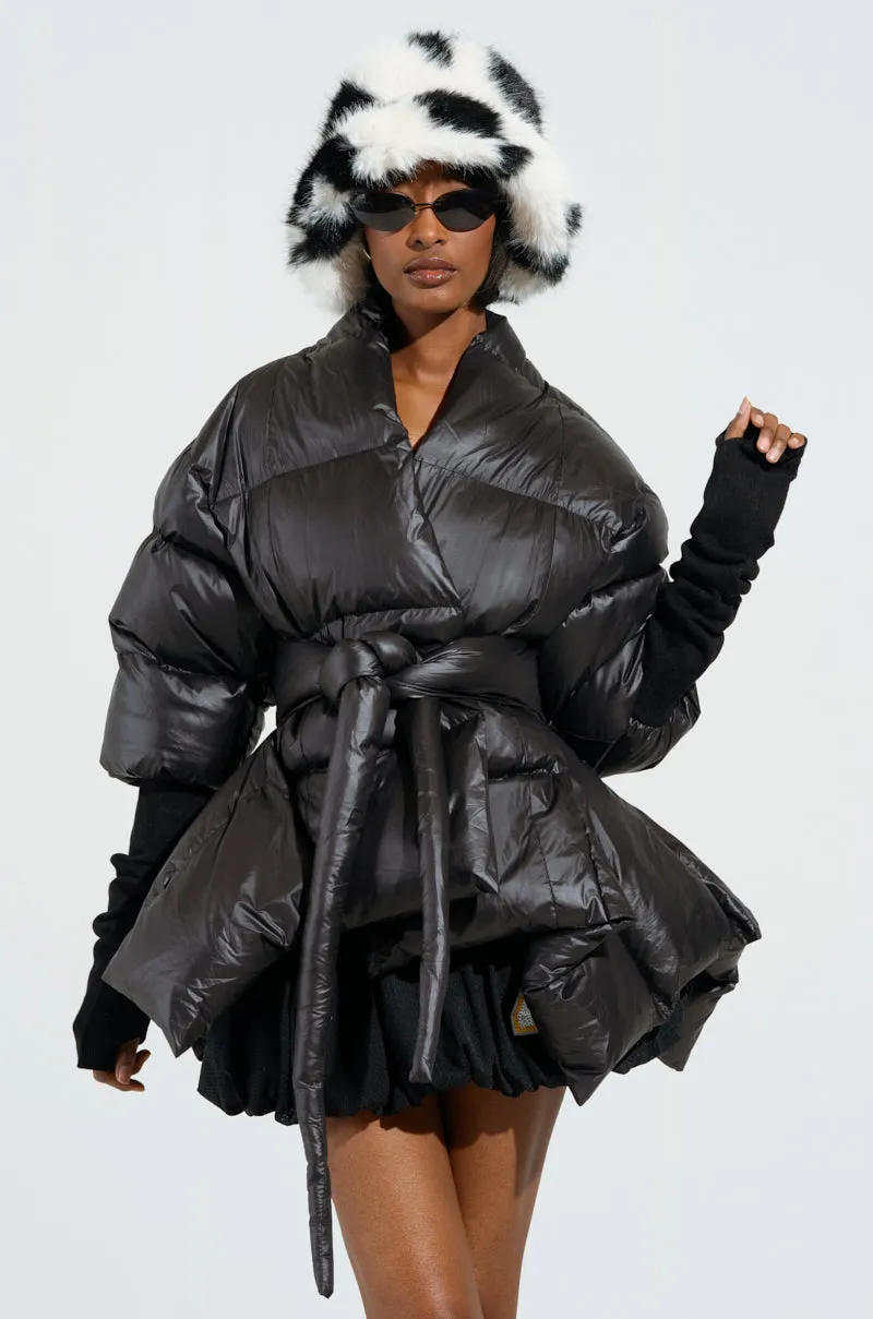 A STEP AHEAD LONG RIBBED SLEEVE PEPLUM PUFFER COAT