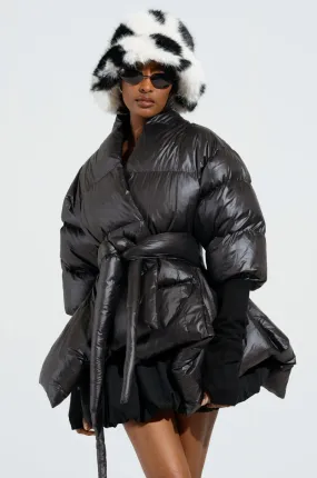 A STEP AHEAD LONG RIBBED SLEEVE PEPLUM PUFFER COAT