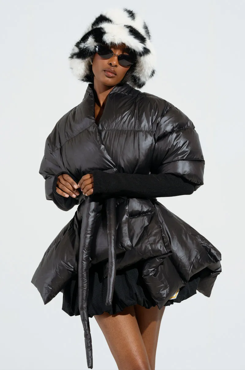 A STEP AHEAD LONG RIBBED SLEEVE PEPLUM PUFFER COAT