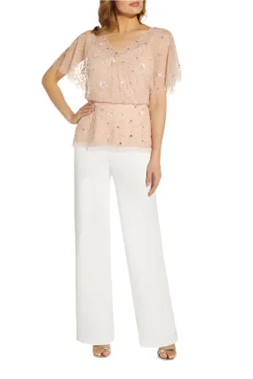 Adrianna Papell beaded mesh zippered flutter sleeve v neck blouse