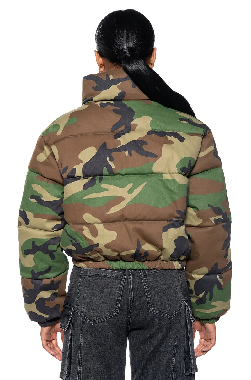 AZALEA WANG MIDTOWN PUFFER IN GREEN CAMO