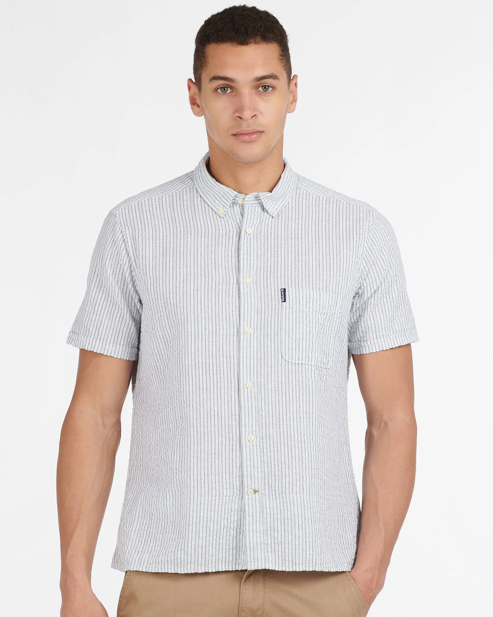 Barbour Seer 10 Inky Blue and White Seersucker Stripe Short Sleeve Button Down Collar Tailored Fit Shirt