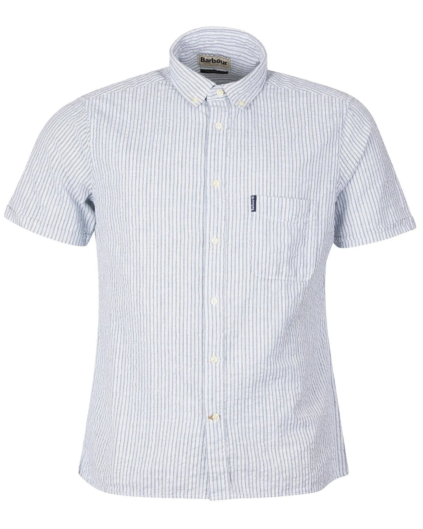 Barbour Seer 10 Inky Blue and White Seersucker Stripe Short Sleeve Button Down Collar Tailored Fit Shirt