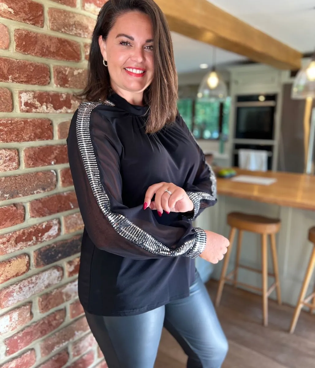 Black and Silver Sequin Evening Blouse