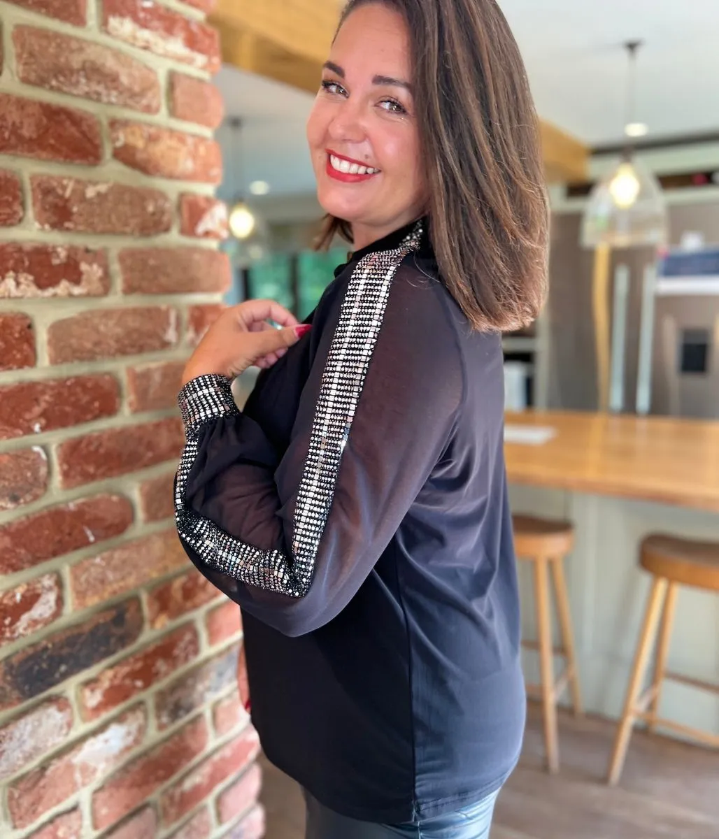 Black and Silver Sequin Evening Blouse