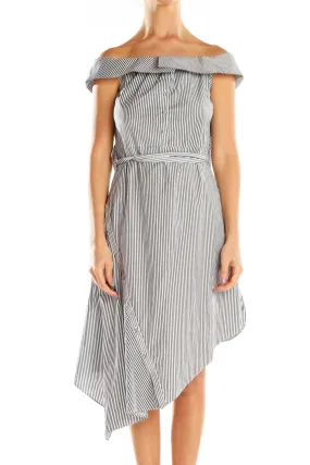 Black and White Striped Off-Shoulder Asymmetric Dress