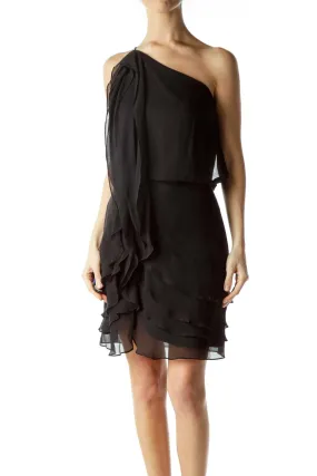 Black Asymmetric Ruffled Silk Dress