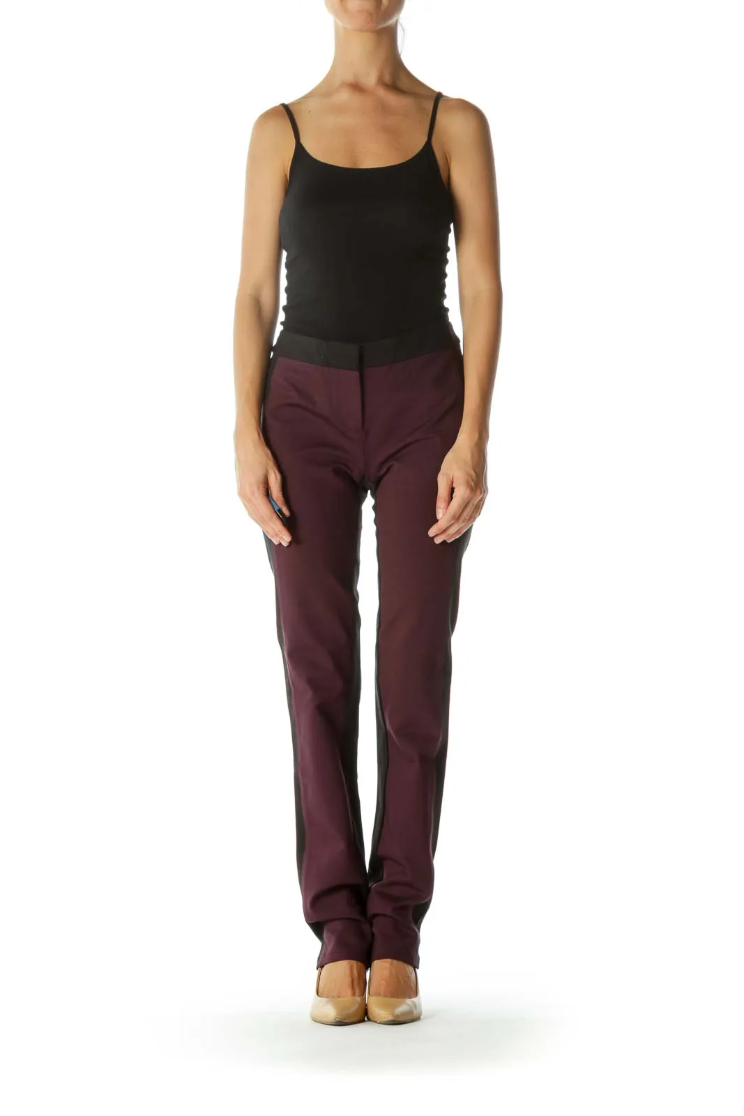 Black Burgundy Color Block Slim-Fit Straight-Leg Stretch Pants