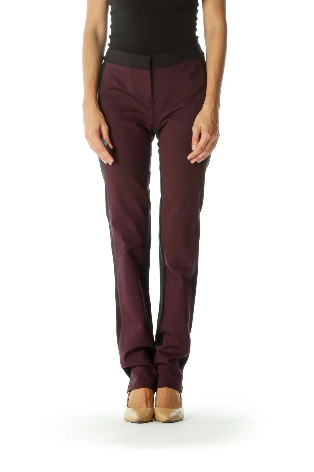 Black Burgundy Color Block Slim-Fit Straight-Leg Stretch Pants