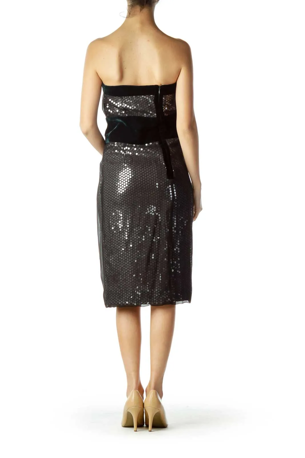 Black Green Silver Sequined Velvet Cocktail Dress