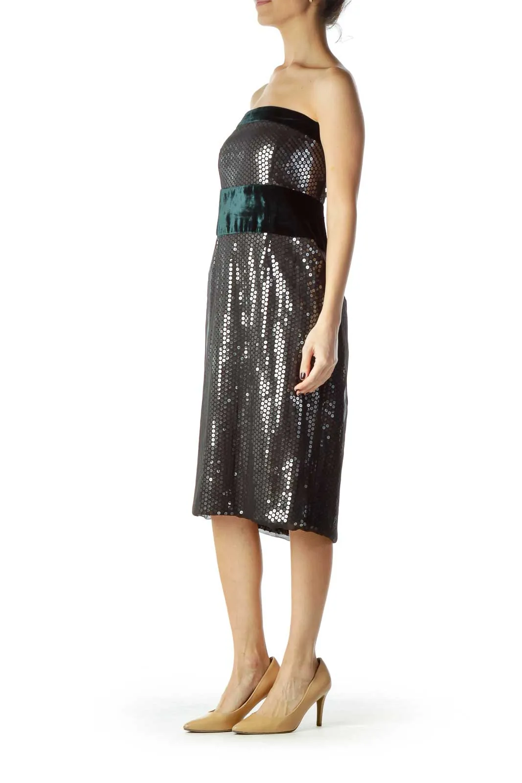 Black Green Silver Sequined Velvet Cocktail Dress