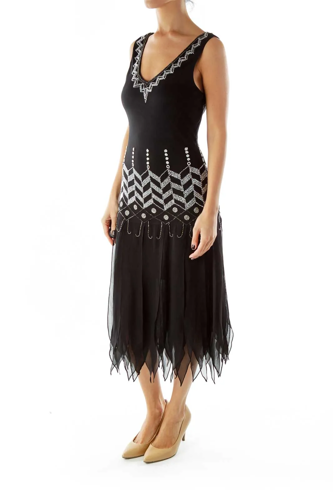 black Silver Sequined Fringe Cocktail Dress