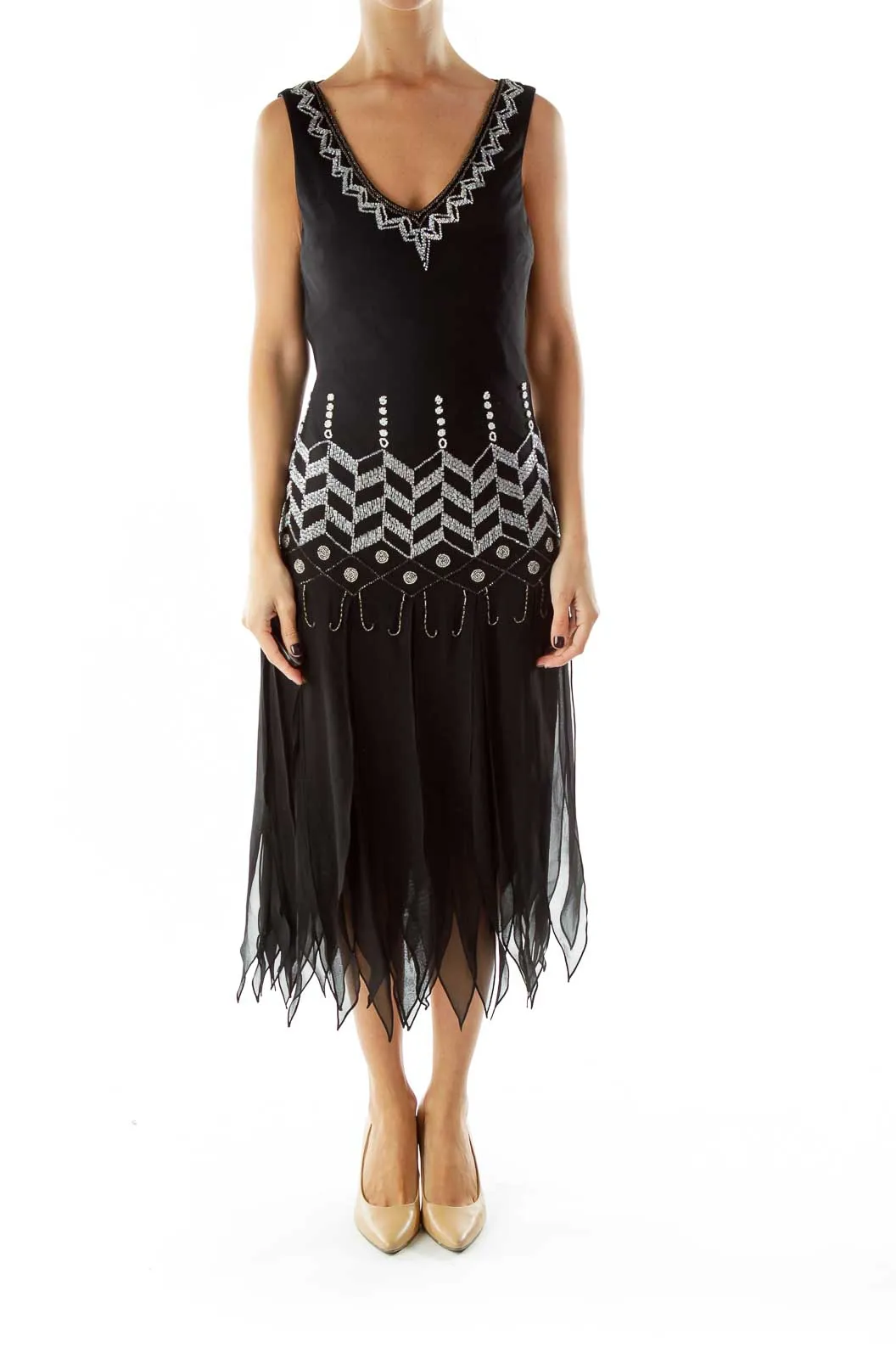 black Silver Sequined Fringe Cocktail Dress