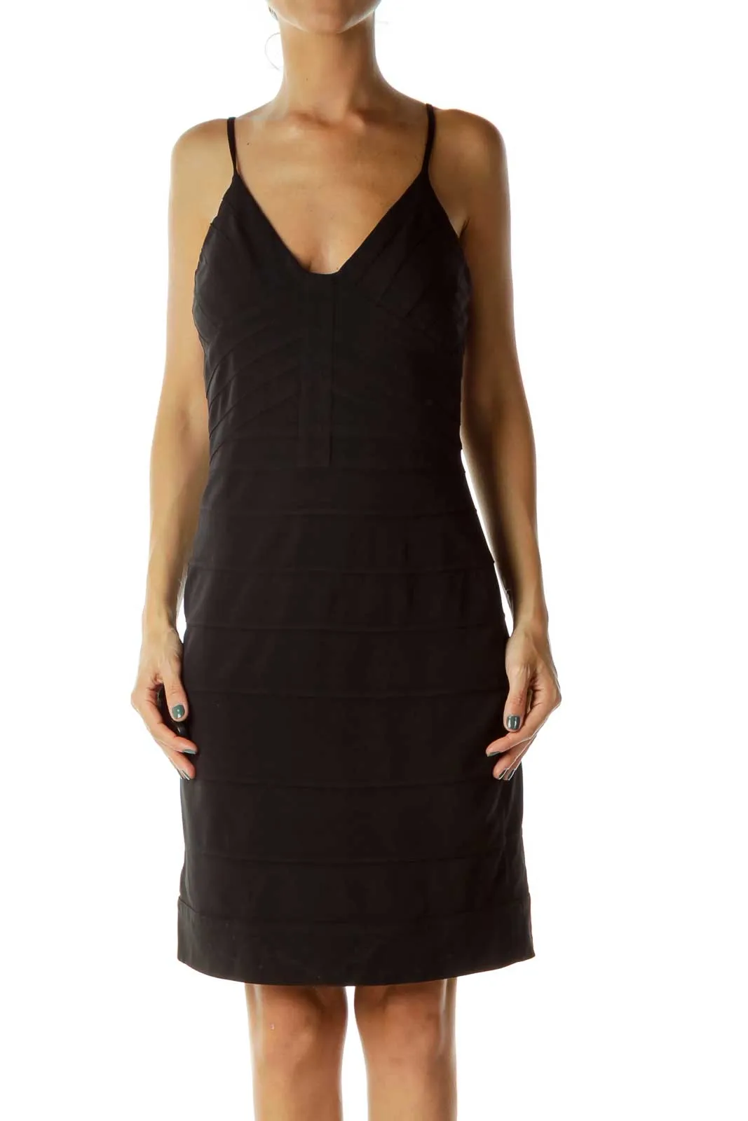 Black Stitched Bodycon Cocktail Dress