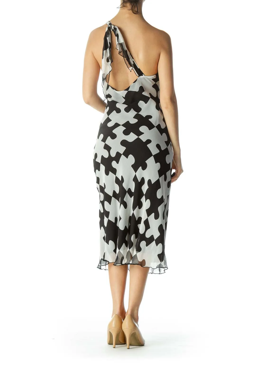 Black/White 100% Silk Puzzle-Print Knot-Detail Light Dress