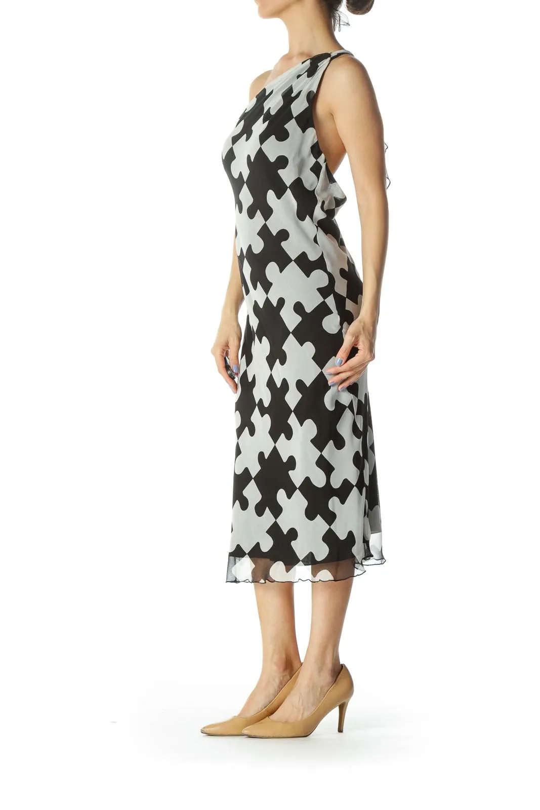 Black/White 100% Silk Puzzle-Print Knot-Detail Light Dress