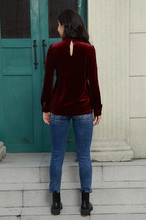 Cutout Puff Sleeve Velvet Blouse