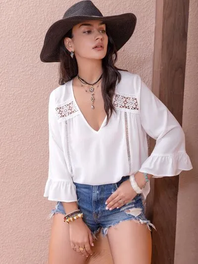 Cutout V-Neck Flounce Sleeve Blouse