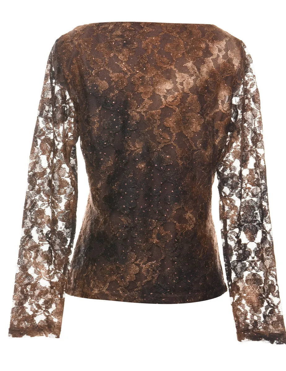 Floral Lace Y2K Brown Evening Top - L