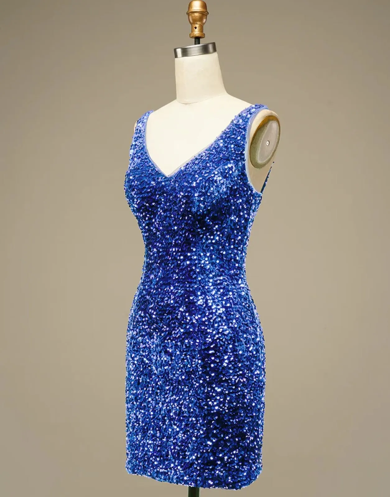 Glitter Blue Sequin Straps Backless Mini Prom Homecoming Party Dress