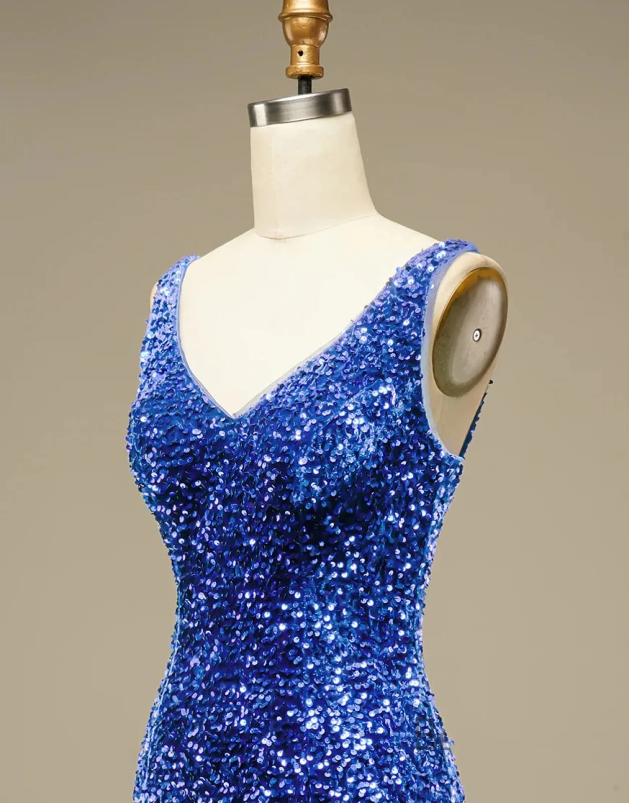 Glitter Blue Sequin Straps Backless Mini Prom Homecoming Party Dress