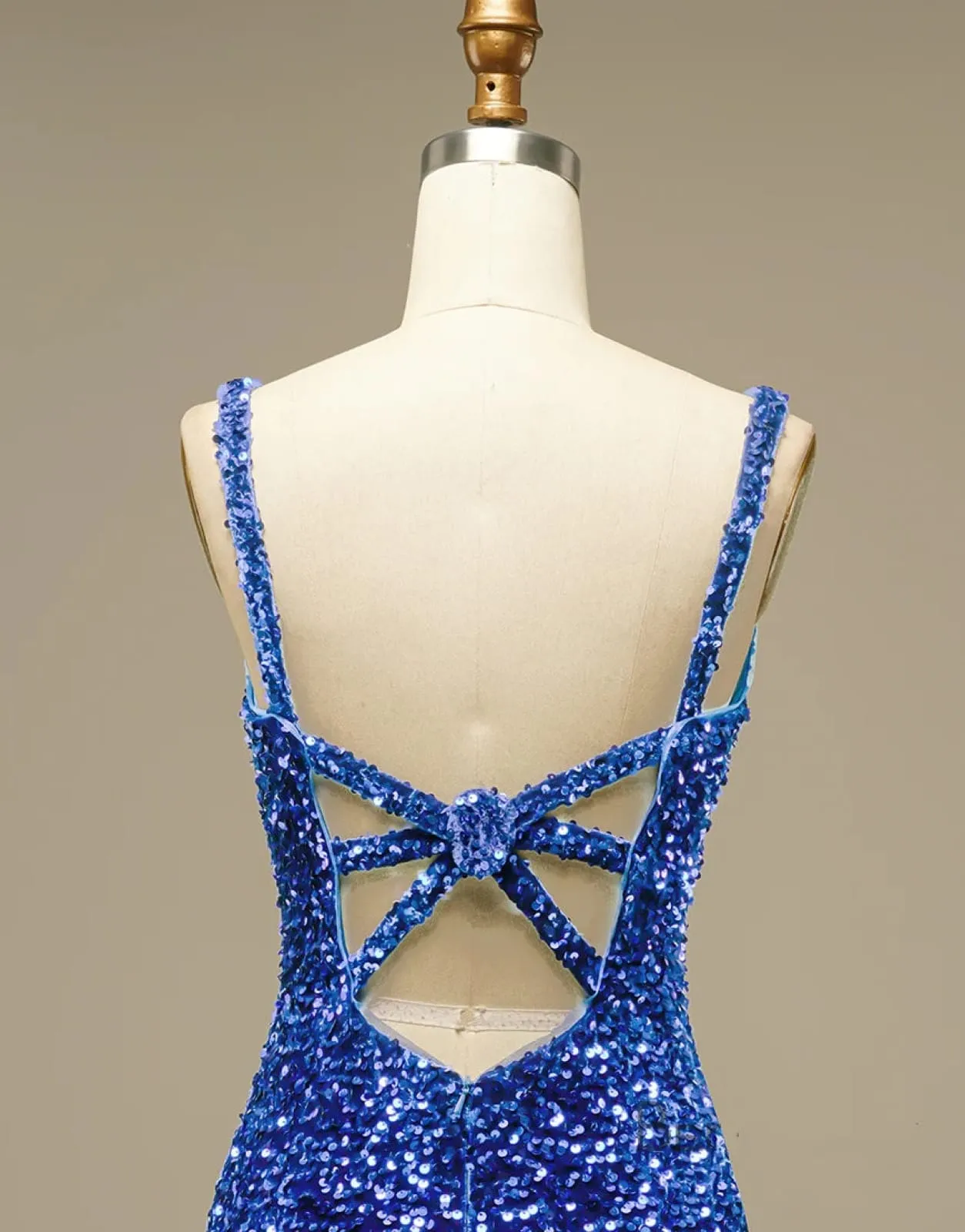 Glitter Blue Sequin Straps Backless Mini Prom Homecoming Party Dress