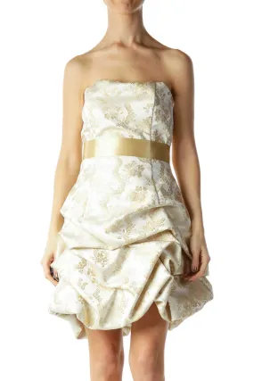 Gold Floral Print Pouf Cocktail Dress