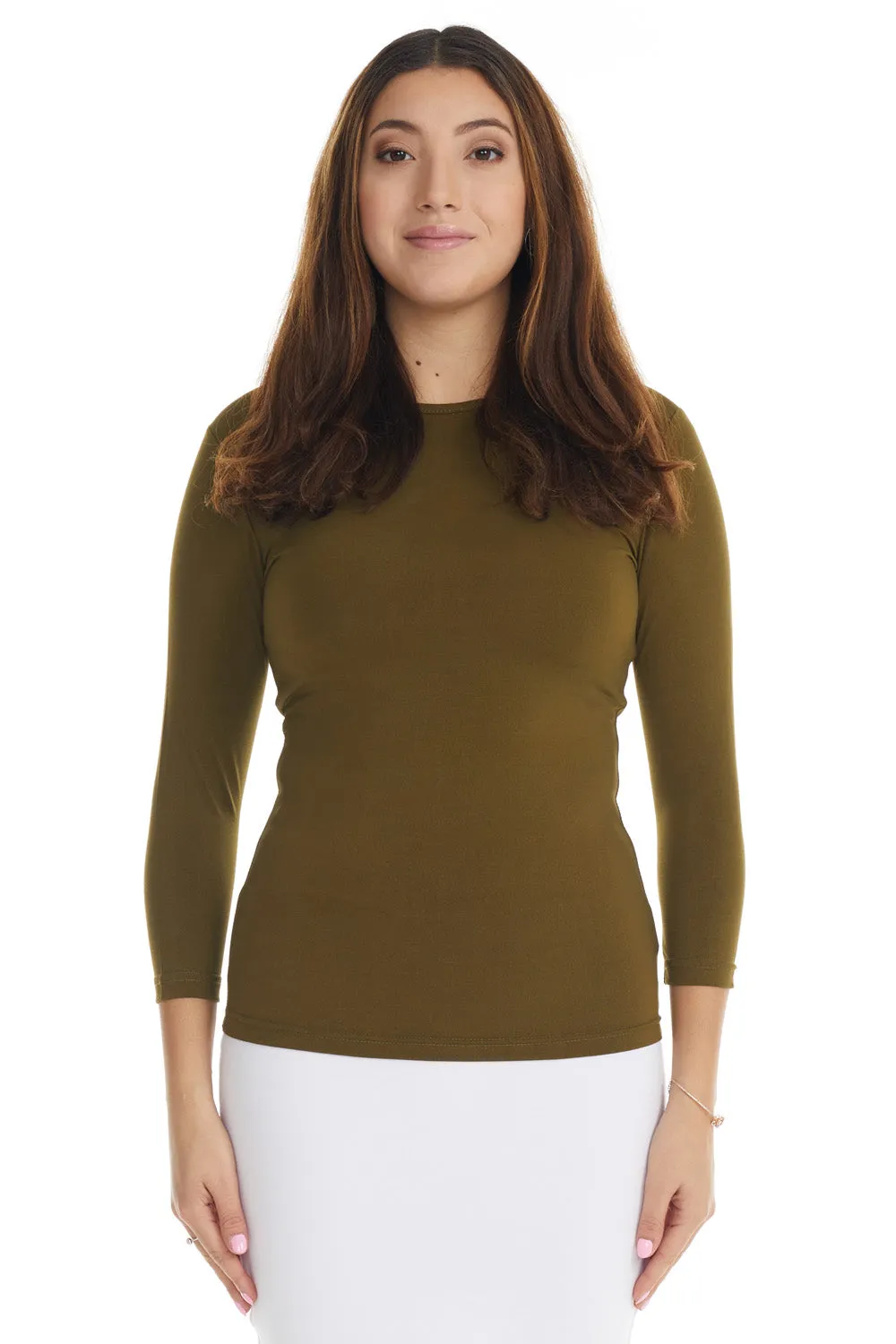 Green 3/4 Sleeve Fancy Slinky Layering T-Shirt Top for Women