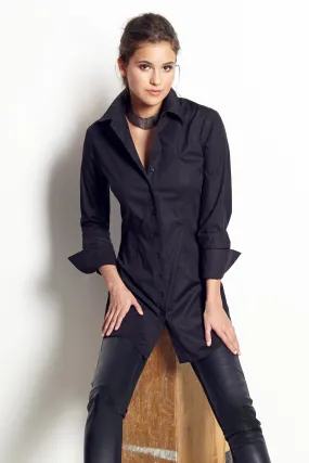 Kaylynn Tailored Button Down Black Tunic Blouse