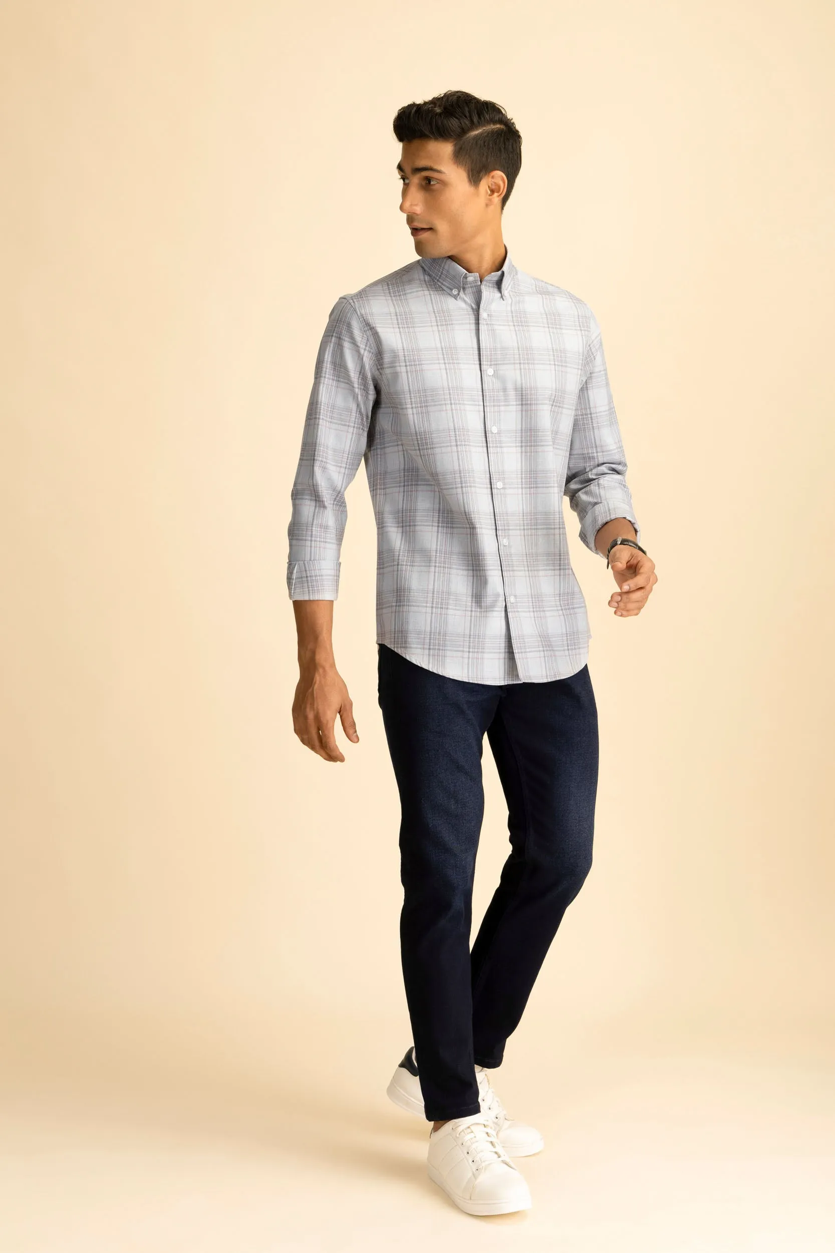 Light Grey Button-Down Check Shirt