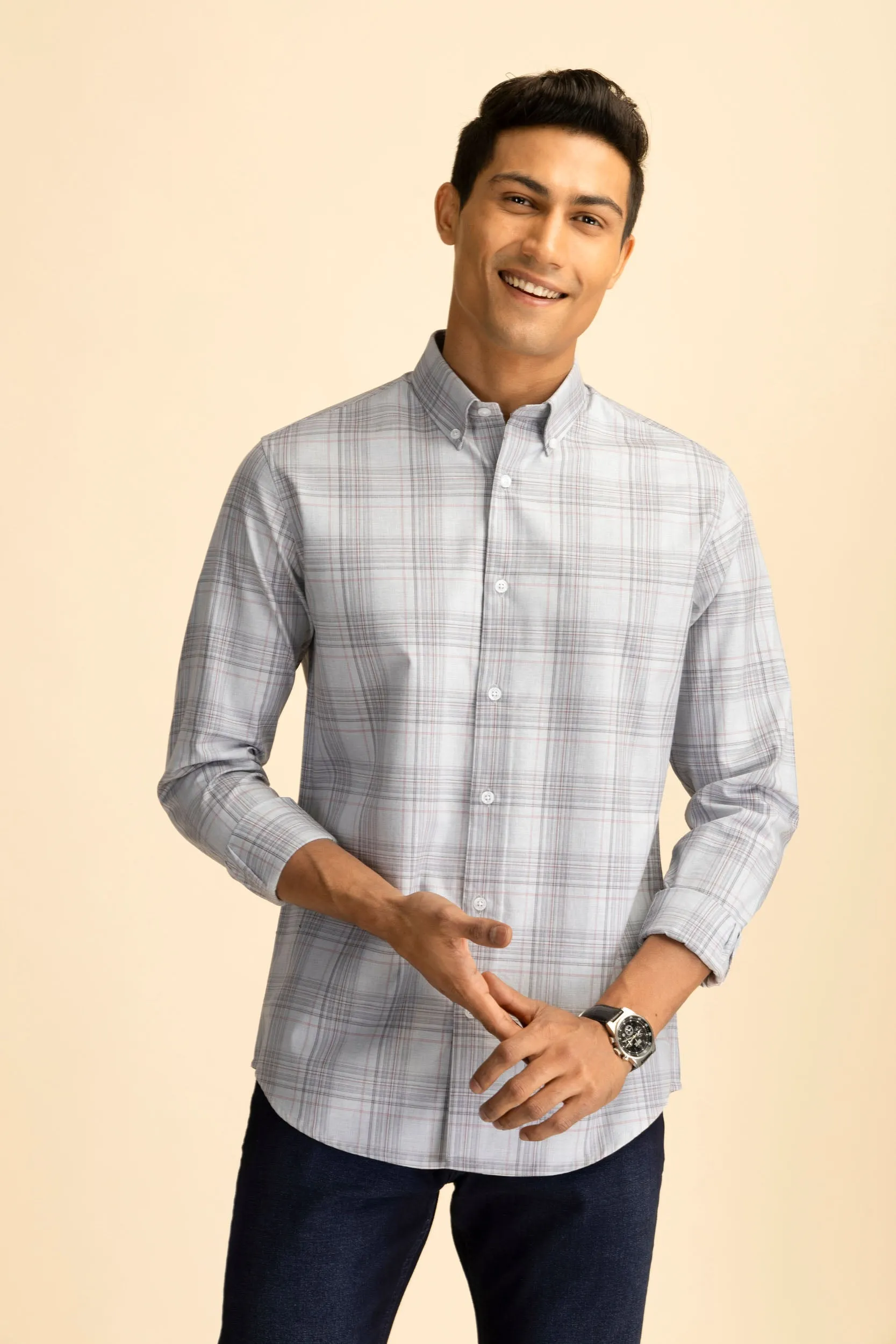 Light Grey Button-Down Check Shirt