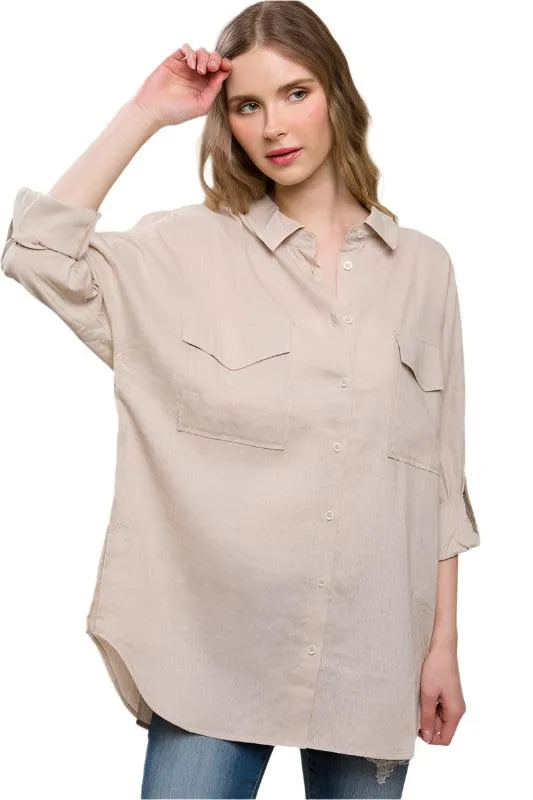 Linen Oversized Double Pocket Button Down Shirt