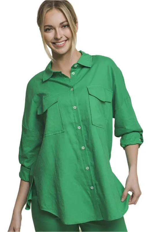 Linen Oversized Double Pocket Button Down Shirt