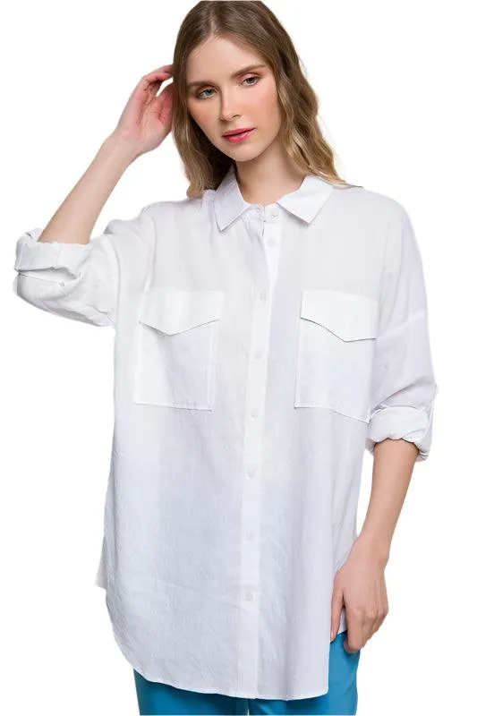 Linen Oversized Double Pocket Button Down Shirt