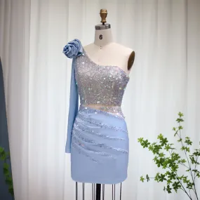 Luxury Sequin 3D Flower Blue Short Cocktail Party Dress RM006