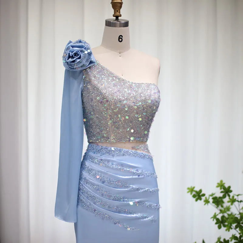 Luxury Sequin 3D Flower Blue Short Cocktail Party Dress RM006