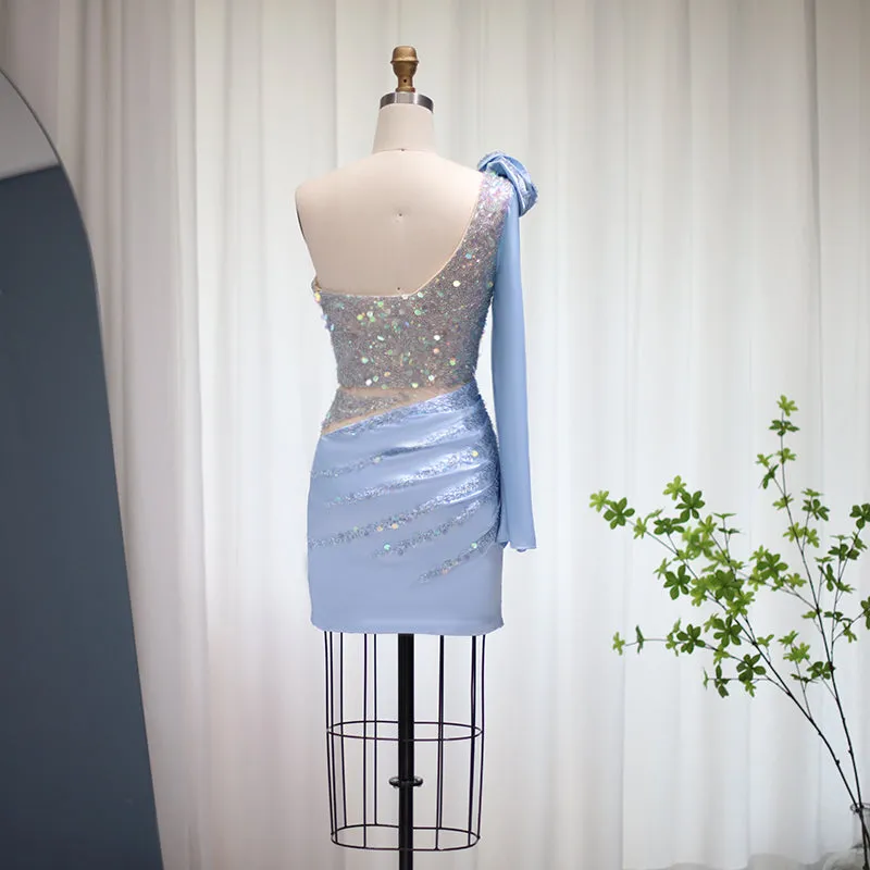 Luxury Sequin 3D Flower Blue Short Cocktail Party Dress RM006