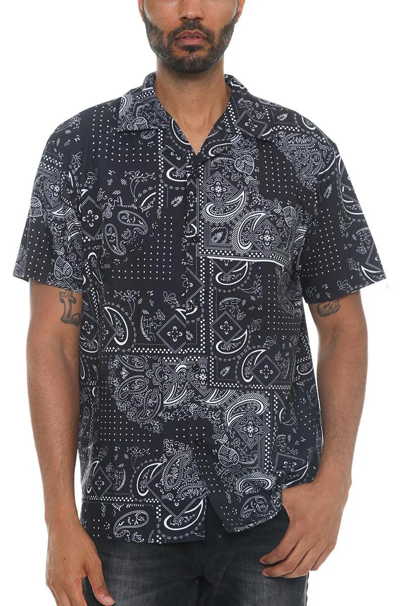 Mens Black Paisley Print Button Down Shirt