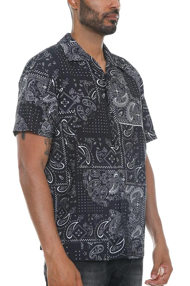 Mens Black Paisley Print Button Down Shirt