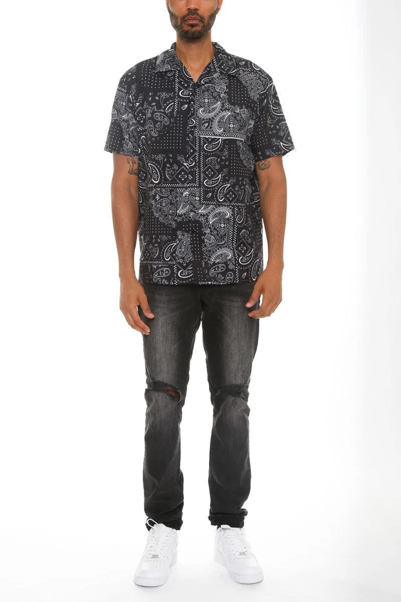 Mens Black Paisley Print Button Down Shirt