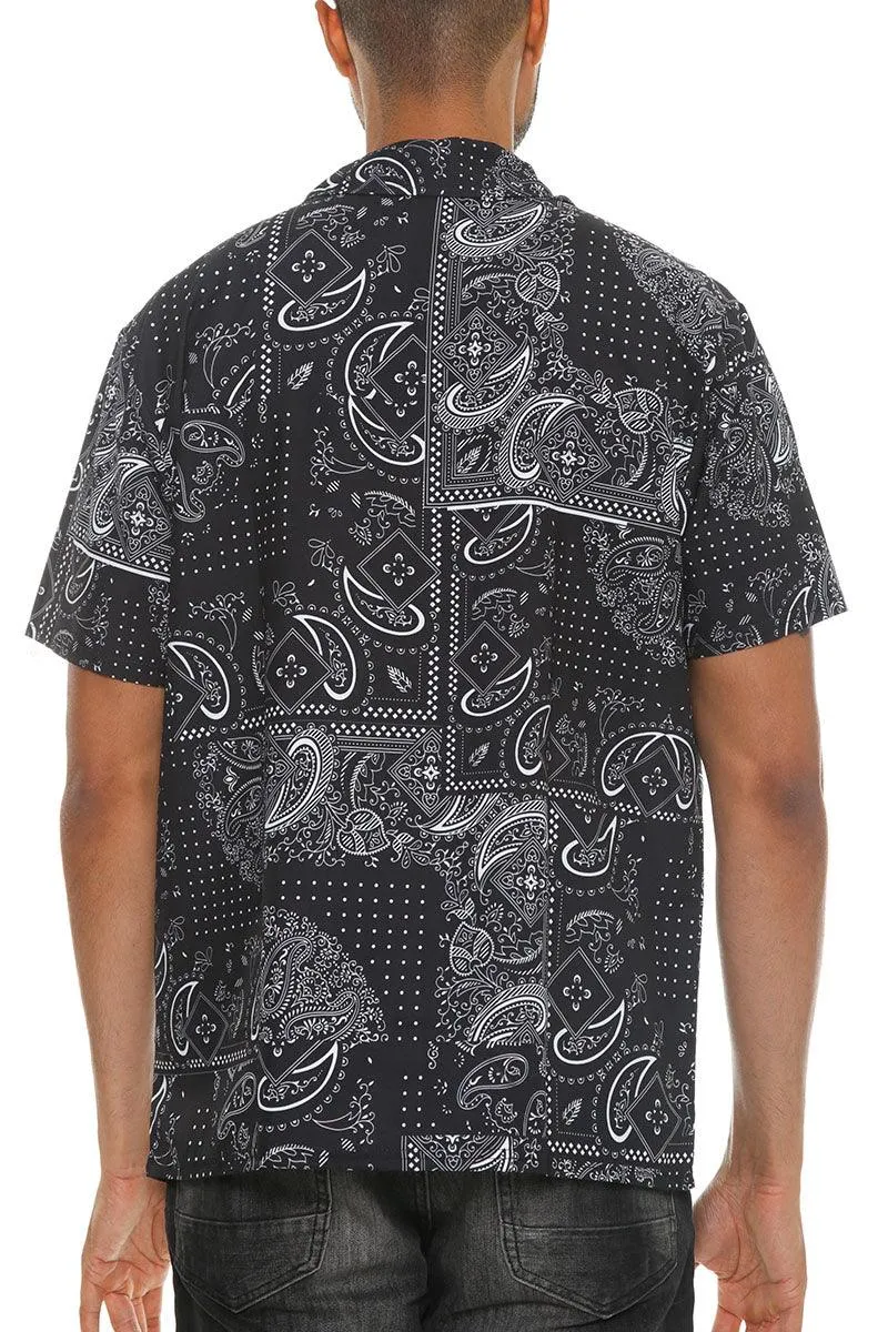 Mens Black Paisley Print Button Down Shirt