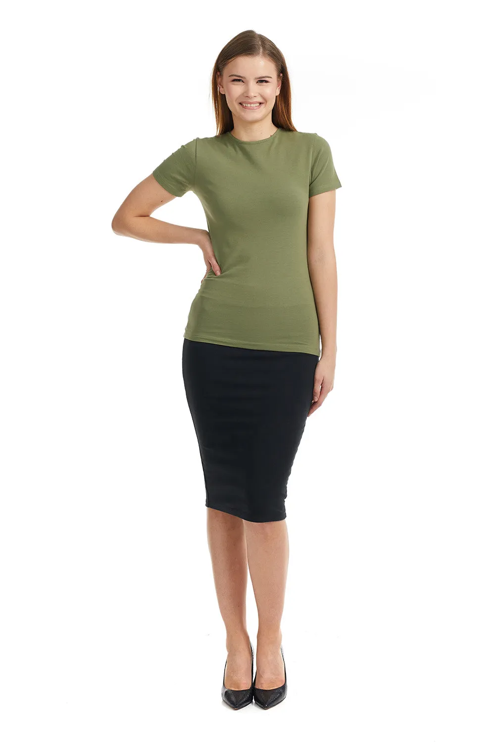 Olive Green Short Sleeve Crewneck T-Shirt Top for Women