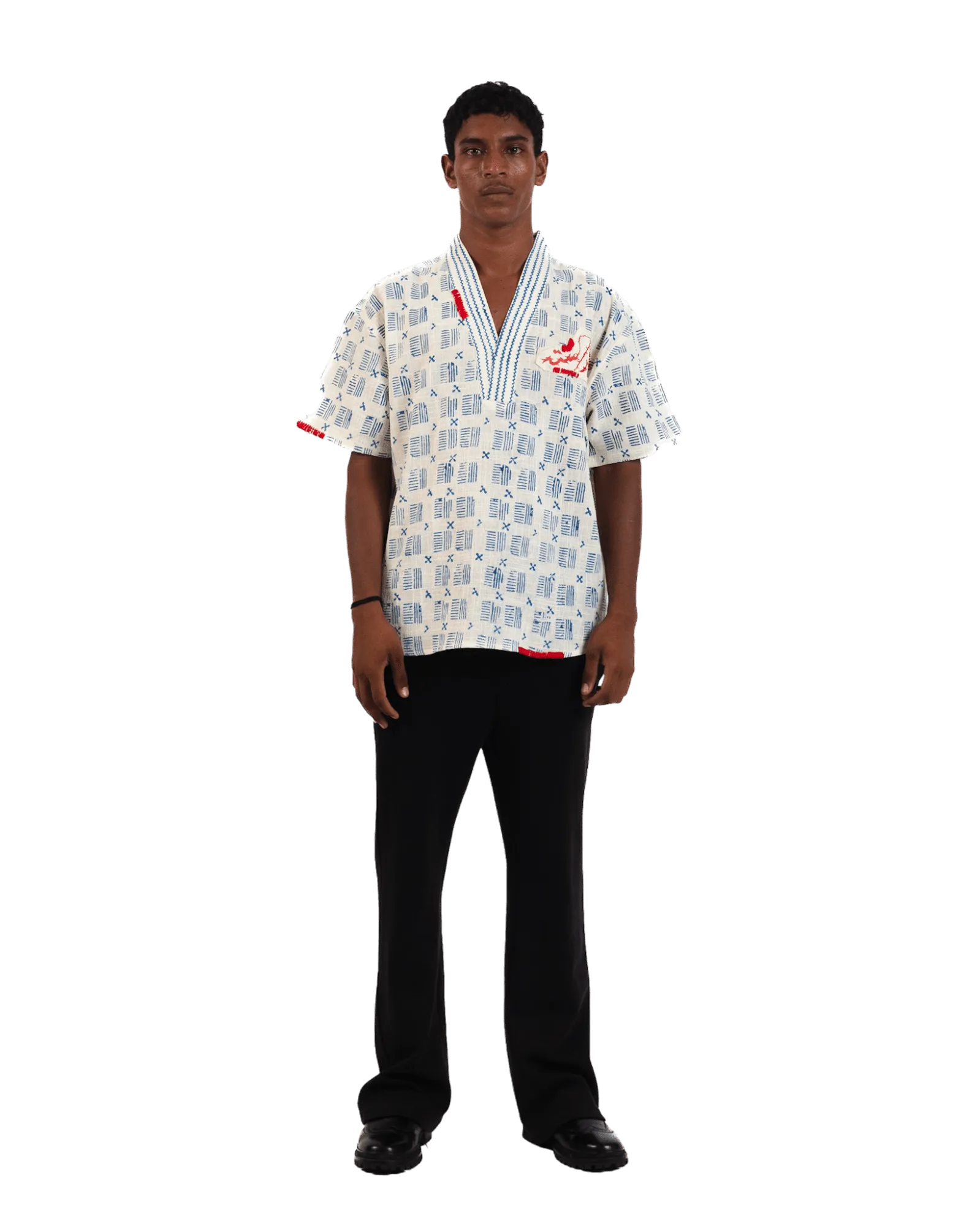 "Azure Echo" Handwoven and Handblockprinted Polo