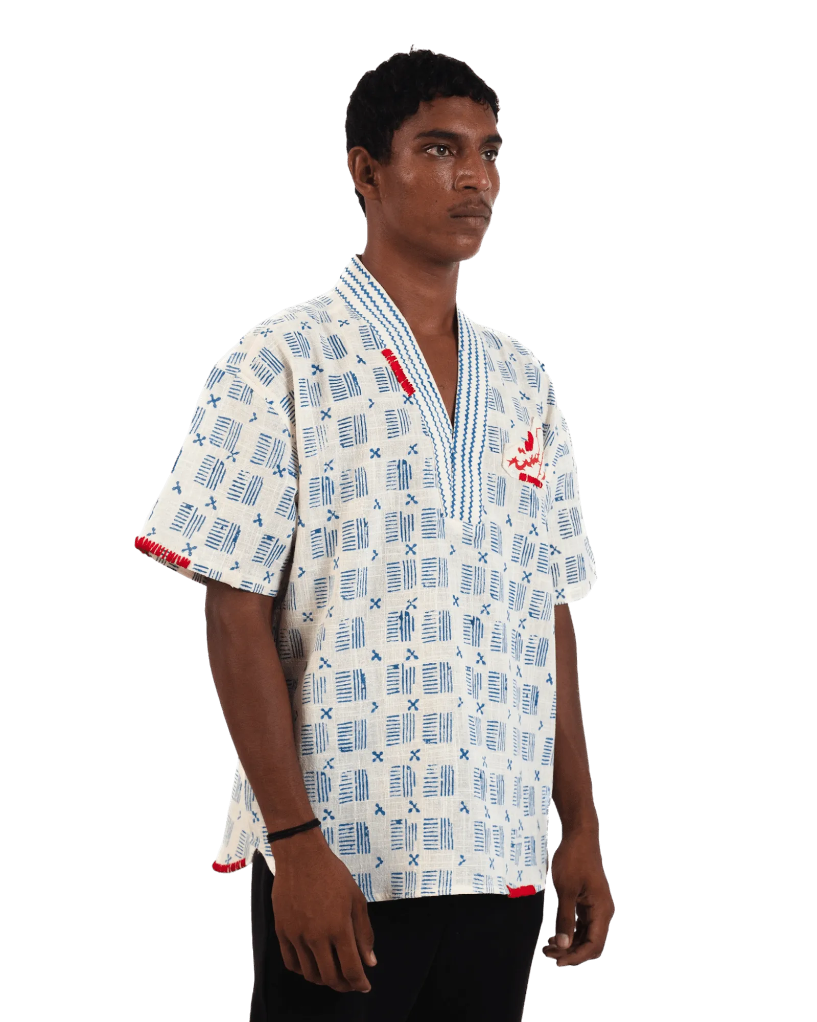 "Azure Echo" Handwoven and Handblockprinted Polo