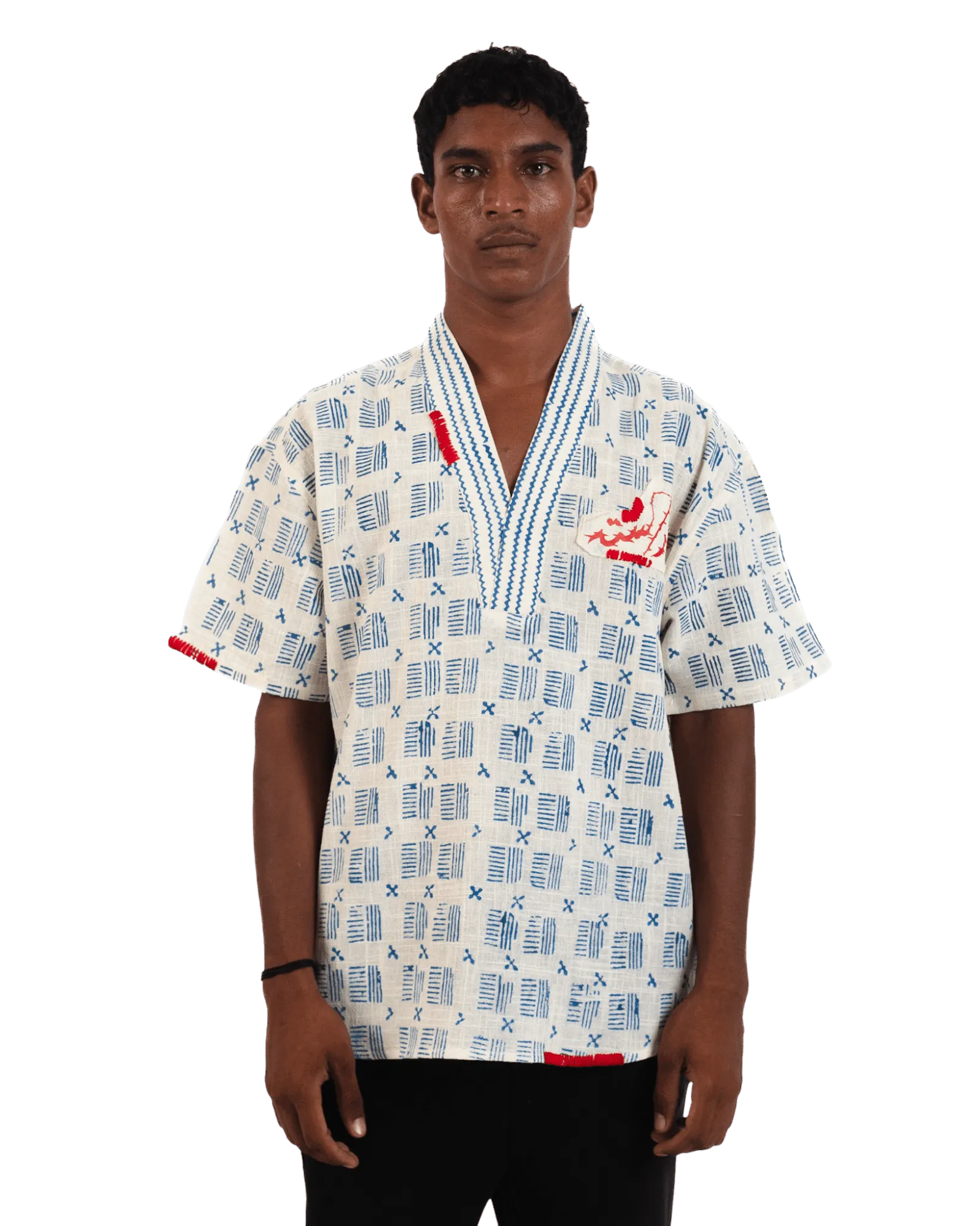 "Azure Echo" Handwoven and Handblockprinted Polo